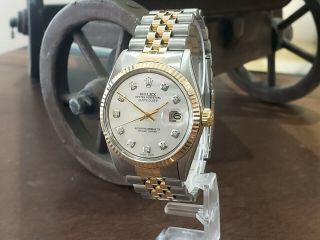 Mens Vintage Rolex Oyster Perpetual Datejust 36mm White Mop Diamond Dial Watch