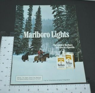 1982 Vintage Print Ad Marlboro Lights Winter Snow Woods Cowboy Horses Cigarettes