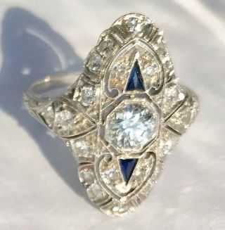 Antique Platinum Diamond Sapphire Ring Size 7 1/2