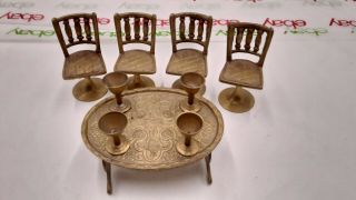 Vintage 9 Piece Miniature Brass Table 4 Chairs 4 Cups Doll House Furniture