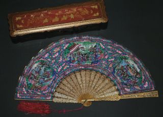 Antique Chinese Gold Gilt Silver Filigree Hand Painted Scene Fan Red Lacquer Box