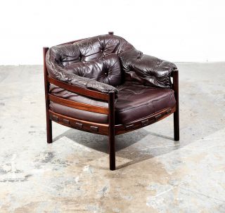 Mid Century Danish Modern Lounge Chair Brown Leather Arne Norell Teak Armchair
