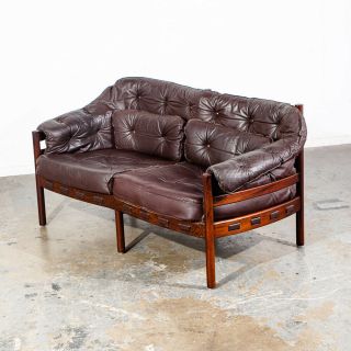 Mid Century Danish Modern Sofa Settee Brown Leather Arne Norell Teak 2 Seat Wood
