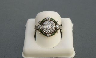 Antique 18k Gold Platinum Rose Cut Diamond & Emerald Halo Deco Ring Size 6.  75