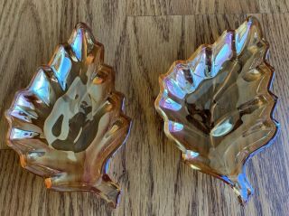 Carnival Glass Marigold Color Leaf Shaped Relish Nut Candy Dish Vintage Set Of 2