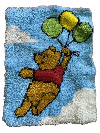 Vtg Winnie The Pooh Latch Hook Rug Canvas Completed Handmade Needlepoint 26x19