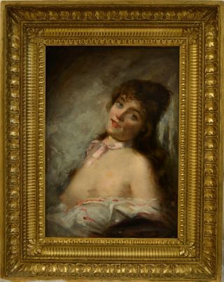 Fine Antique 19th Century Portrait Of A Semi Nude Lady Oil Painting Asti