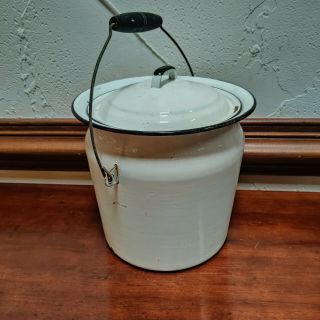 Vintage Enamel Pail W/ Lid & Handle White W/ Black Trim Lunch Pail Berry Bucket