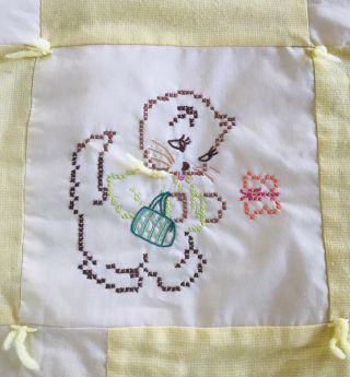 Vintage Yellow Baby Nursery Quilt Cross Stitch Embroidery Kittens 38x40 Cute
