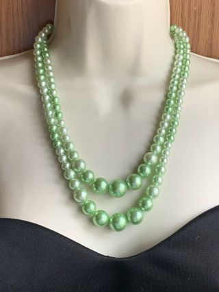 Vintage Signed Japan Green Double Strand Faux Pearl Necklace Estate Two