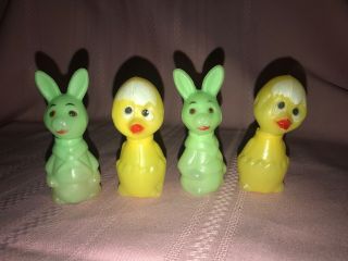 4 Vintage Soft Plastic Easter Candy Containers 2 Bunnies 2 Chicks