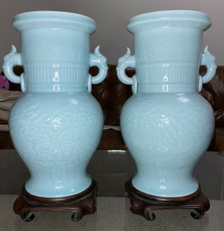 A Large 19th Century Chinese Celadon Glaze Vases And Rose Wood Stands