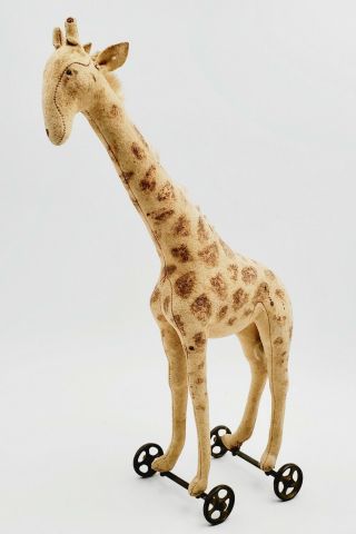 Antique 1920s Early Steiff Straw - Stuffed Felt Giraffe On Wheels German Toy 15 "
