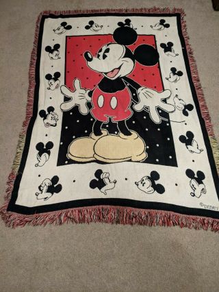 Vintage Disney Mickey Mouse Blanket Double Sided Inverted Fringe 68x47 Throw