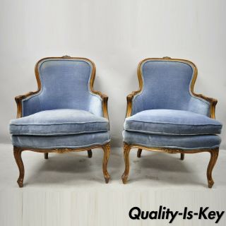 Vintage French Louis Xv Provincial Blue Bergere Lounge Arm Chairs - A Pair