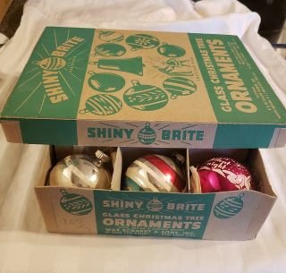 Box Of 12 Vintage Shiny Brite Glass Ornaments - Stripes,  Silent Night,  Reindeer