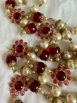 Vintage Couture Chanel Red Pink Gripoix Glass Flower Pearl Necklace