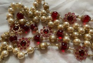 VINTAGE COUTURE CHANEL RED PINK GRIPOIX GLASS FLOWER PEARL NECKLACE 3