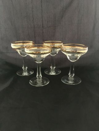 Set Of 4 Vintage Mid Century Modern Gold Rim Cut Crystal Cocktail Coupe Glasses