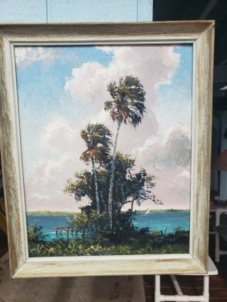 Sam Newton Florida Highwaymen Vintage Oil Painting Palms With Cloud Hall Of Fame