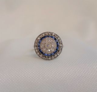 Antique Art Deco Diamond & Sapphire Cluster Ring 750 (18ct) White Gold - Size N 4
