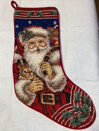 Vintage Wool Needlepoint Christmas Stocking Santa Claus,  18 "