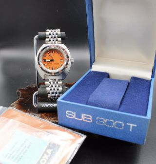 Vintage Doxa Sub 300t Diver Watch Aqualung Orange Dial W/ Box &papers