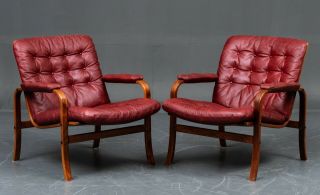 Vintage Danish Mid Century Cognac Leather Lounge Chairs 1970s