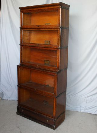 Antique Oak Bookcase 5 High Globe Wernicke 2 Large 14″ Size E Sections Step Back