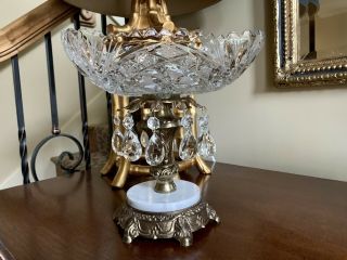 Vintage Italian Marble Base Brass Heavy Cut Crystal Pedestal Dish