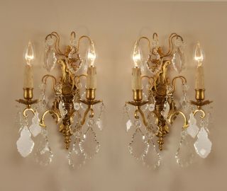 A Pair Antique French Crystal Prisms Pendants Gilded Bronze 2 Light Wall Sconces