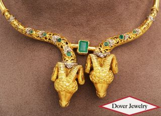 Vintage Diamond 2.  50ct Emerald 18K Gold Ram Choker Necklace 88.  1 Grams NR 2