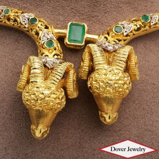 Vintage Diamond 2.  50ct Emerald 18K Gold Ram Choker Necklace 88.  1 Grams NR 3