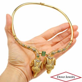 Vintage Diamond 2.  50ct Emerald 18K Gold Ram Choker Necklace 88.  1 Grams NR 6