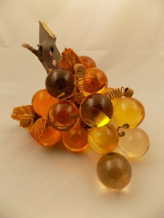Vintage Mid Century Lucite Acrylic Grape Cluster On Driftwood Amber Orange