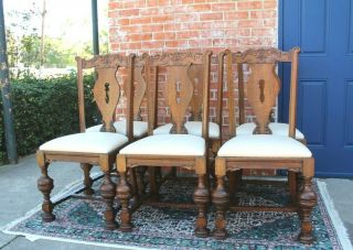 Set Of 6 French Antique Renaissance Tiger Oak Upholstered Dining Chairs