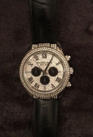 Rare Michael Kors Crystal Glitz Layton Watch Mk - 5669 Black Leather Chronograph