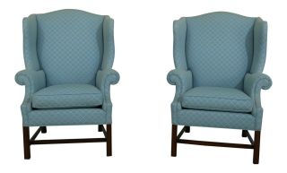 50205ec: Pair Baker Chippendale Wing Back Easy Chairs