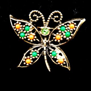 Vintage Sarah Coventry Signed Butterfly Brooch Pin Gold Tone Green Orange Stones