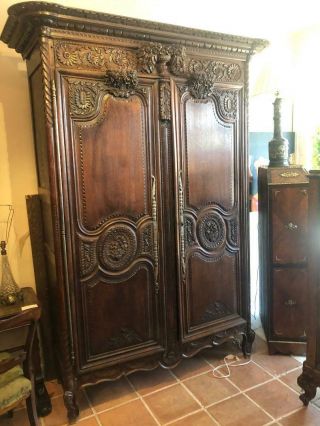 Antique Oak French Country Highly Carved Walnut Wedding Armoire