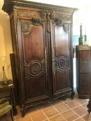 Antique Oak French Country Highly Carved Walnut Wedding Armoire 2