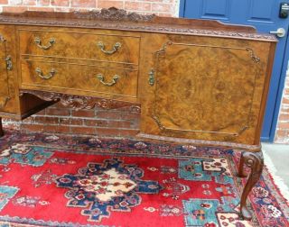 Antique Burled Walnut Queen Anne Sideboard Cabinet / Buffet Bar 5
