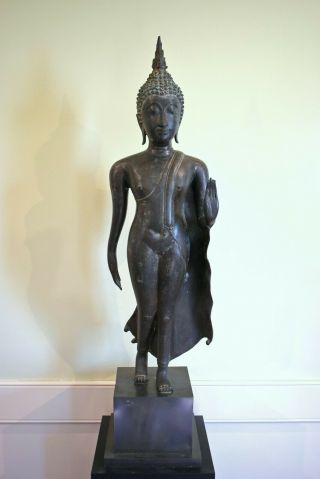 Large Antique Thai Patinated Bronze Figure Of The Walking Buddha On Museum Base