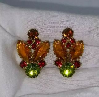 Vtg Juliana Delizza & Elster Marquise Orange & Green Rhinestone Clip On Earrings
