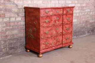 Baker Furniture Hollywood Regency Chinoiserie Red Lacquered Chest Of Drawers