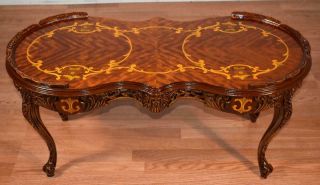 1910s Antique French Louis Xv Walnut & Satinwood Floral Inlay Coffee Table