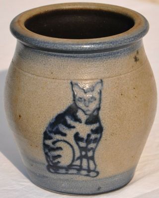 Rare Vintage Rowe Pottery Salt Glazed Blue Cat 1992 Stoneware Crock Jar