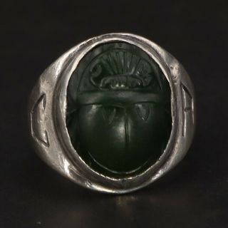Vtg Sterling Silver Egyptian Carved Aventurine Scarab Beetle Ring Size 4.  5 - 7g