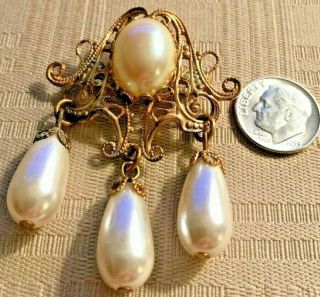 Miriam Haskell Vtg Gold Tone Faux Pearl Brooch 1 Cabochon & 3 Teardrop Signed
