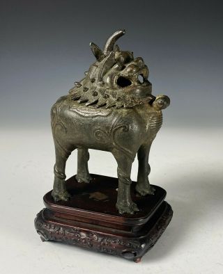 Antique Chinese Bronze Censer With Great Carved Wood Stand
